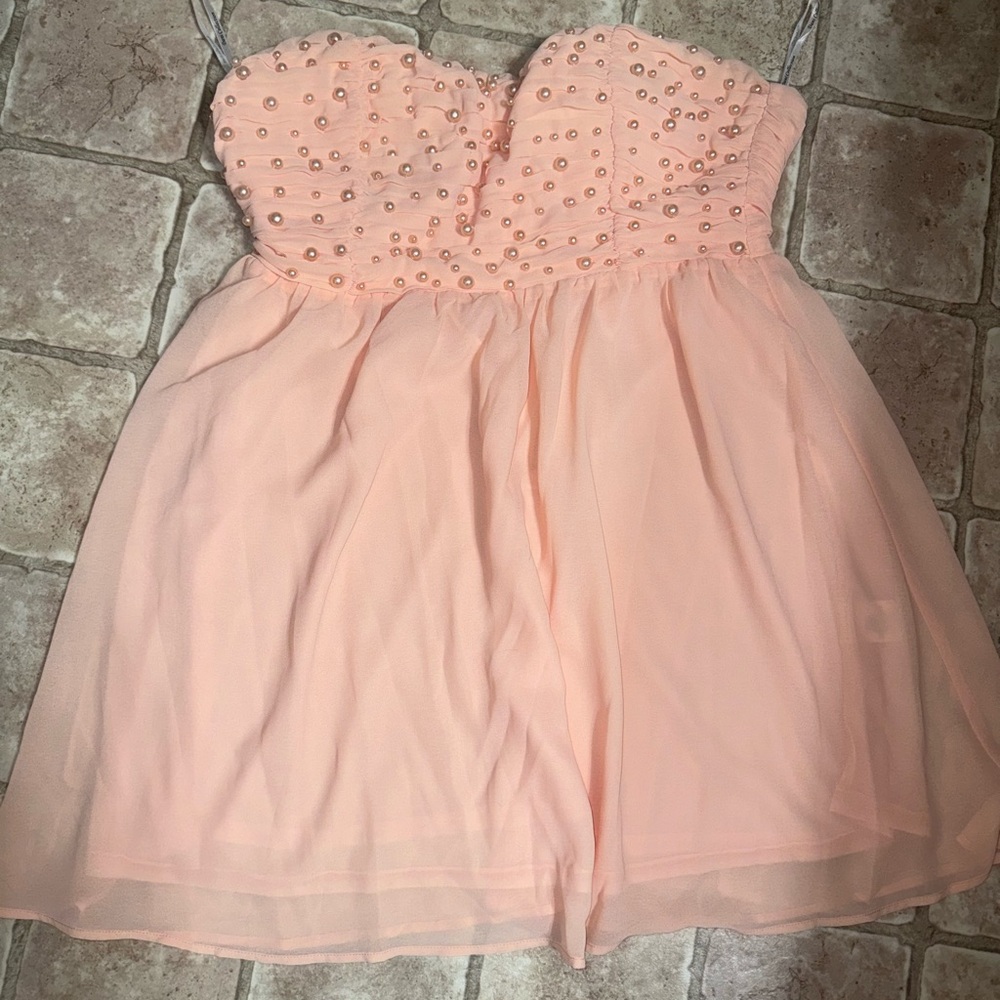 Peach Large Strapless Dress with Pearl Embellishments. NWOT